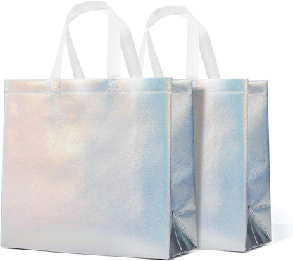 RACETOP 15 Pcs Iridescent Glossy Gift Bags Medium Size, 8x4x10 Inch Holographic Reusable Gift Bags with Handles, Ideal for Birthday, Wedding, Bachelorette, Party Favors, Holiday Goodie