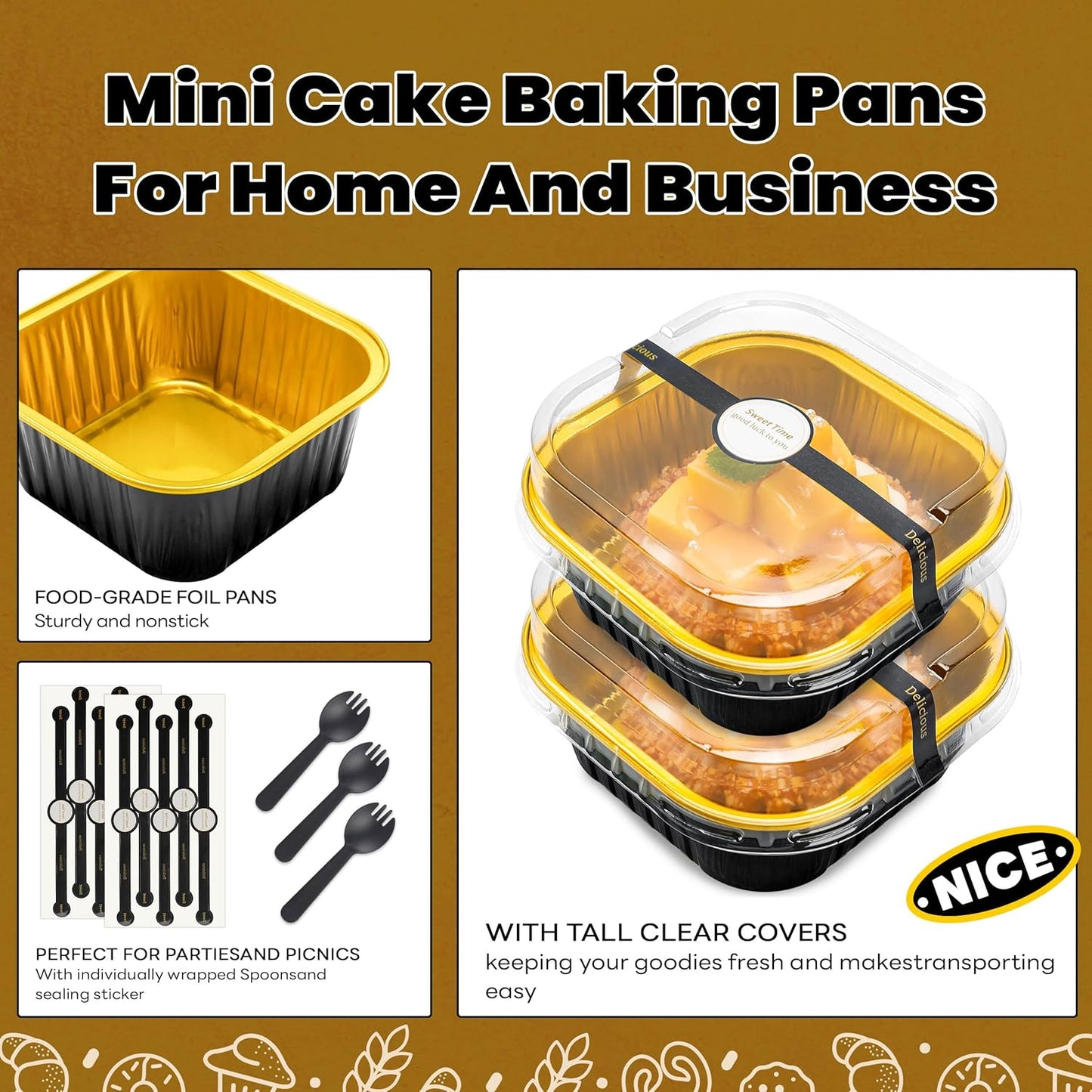 NPLUX 50 Pcs Mini Cake Pans with Lids and Spoons Aluminum Foil Mini Square Baking Cups with Lids Disposable Ramekins Cake Pans Dessert Cups for Wedding Mothers Day Gifts Party Favors(Pink,5oz)