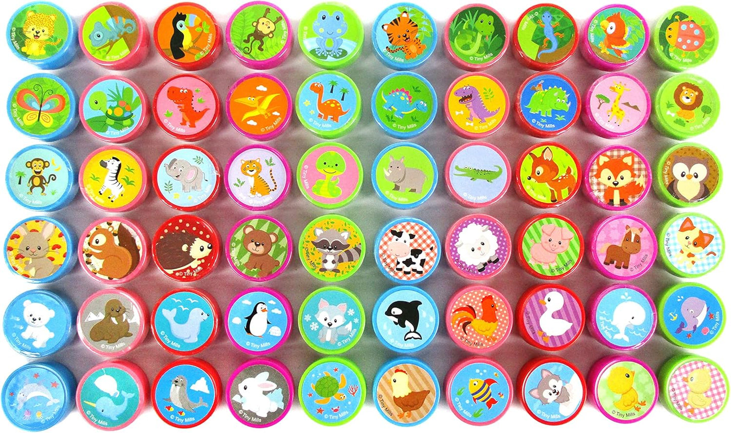 TINYMILLS 60 Pcs Animals Assorted Stampers for Kids with 60 Different Designs Party Favor Goodie Bag Prizes Classroom Rewards Pinata Filler Arts and Crafts for Kids