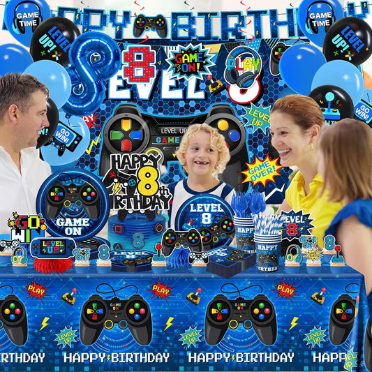 8th Birthday Decorations Boy,197pcs Gamer Birthday Party Decorations Level 8 Birth day Decorations Plates and Napkins Cups Tablecloth Banner Honeycomb for Video Game Party Decorations