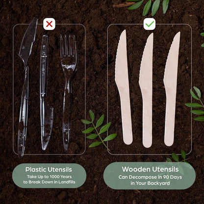 PURPLECLAY Wooden Disposable Utensils Set, 360 PCS Compostable Silverware (120 Forks, 120 Spoons, 120 Knives) Eco Friendly, Plastic-Free Cutlery for Parties & Catering, Alternative to Bamboo Utensils