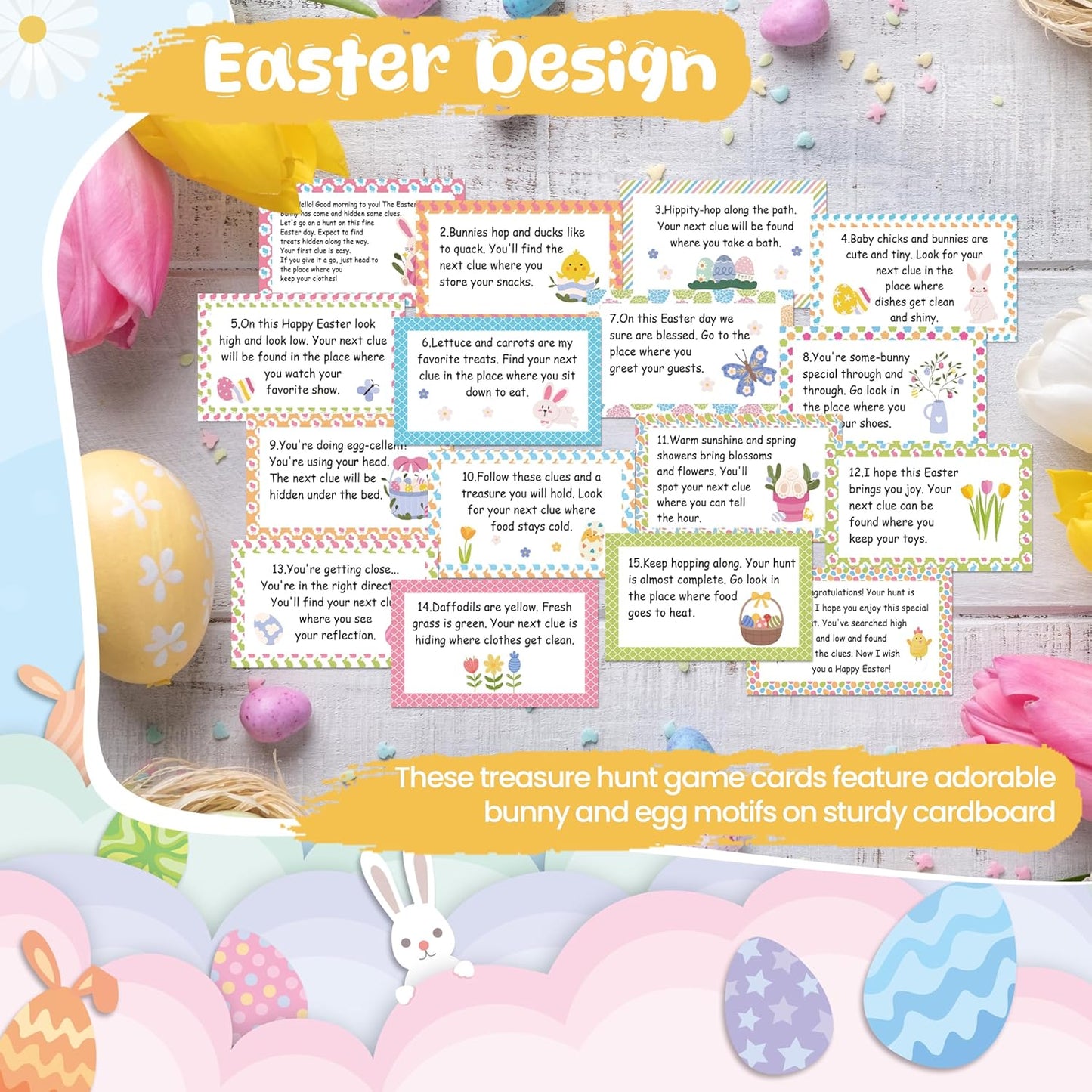 Nature Scavenger Hunt Cards, Bunny Easter Egg Hunt Clue Cards for Adults Family Friends, Spring Camping Treasure Riddle Party Game Indoor Activities - A01