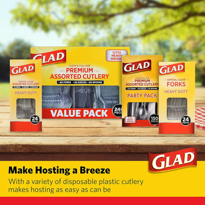 Glad Clear Disposable Cutlery Set with Heavy Duty Plastic Forks, Knives, and Spoons, Reusable Dishwasher Safe Plastic Utensils for Parties and Everyday Use, 240 Count