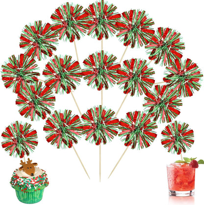 Ephlyn 30Pcs Foil Firework Cupcake Toppers Sparkle Tinsel Cupcake Picks Drink Stirrers Cocktail Food Fruit Toothpicks for Baby Shower Graduation Party Supplies White