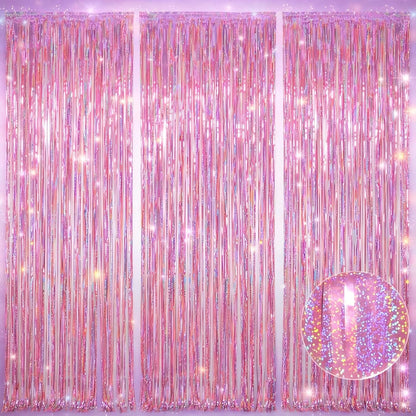 Happy Mothers Day Decorations Melsan 3 Pack 3.2 x 8.2 ft Pinkish Purple Tinsel Fringe Curtain Backdrop, Sparkling Metallic Party Decorations for Girls Birthday, Bachelorette, Wedding, Photo Booth
