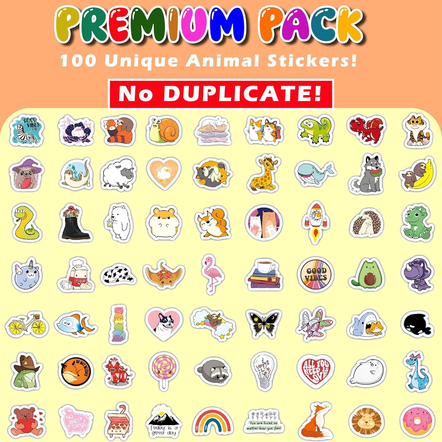 100 PCS Water Bottle Stickers for Kids Waterproof Cute Stickers for Water Bottles No Duplicates Animal Stickers for Kids Laptop, Water Bottle, Party Favor & Classroom Reward