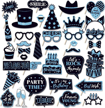 36 PCS Birthday Photo Booth Props Party Supplies Holiday Picture Decorations Photo Booth Props for Birthday Party Favors Pose Sign Kit Fun for Party (Purple and Black)