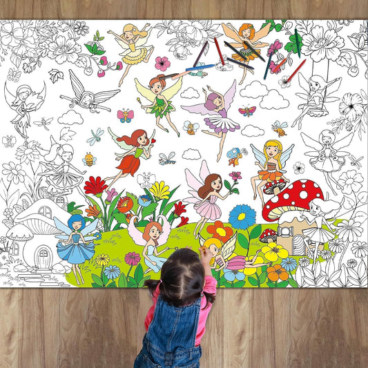 Fairy Garden Coloring Poster for Kids Giant Spring Coloring Poster Large Fairy Party Flower Coloring Tablecloth Jumbo Coloring Books for Kids Classroom Home Birthday Party Supplies Favor