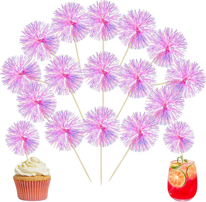 Ephlyn 30Pcs Foil Firework Cupcake Toppers Sparkle Tinsel Cupcake Picks Drink Stirrers Cocktail Food Fruit Toothpicks for Baby Shower Graduation Party Supplies White