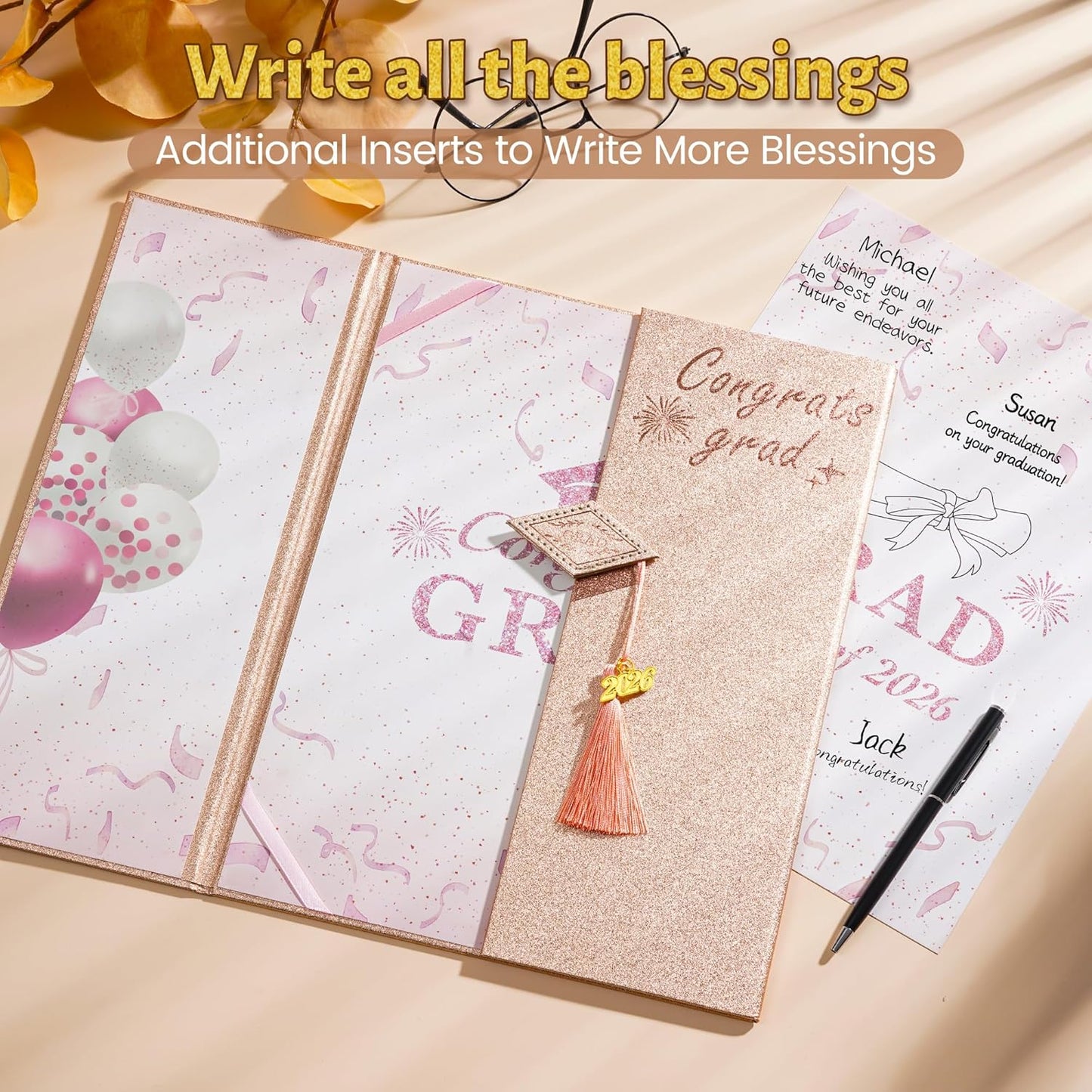 Graduation Decorations 2026 Pink,Graduation Guest Book,Autograph Book with Tassel Class of 2026 Graduate Party Decorations,Graduation Signature Guest Book