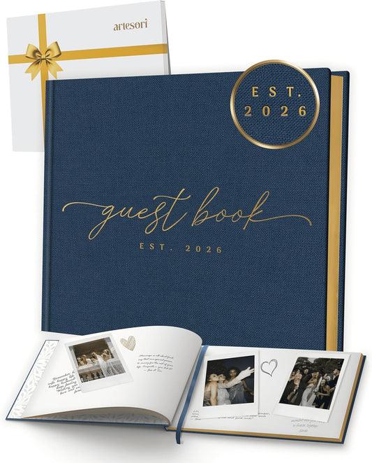 Wedding Guest Book for Reception — Gold-Foiled Guestbook to Sign in, Elegant Baby Shower Guest Book for Party & Birthday — Navy Photo & Polaroid Guest Book for Wedding & Bridal Shower (No Date)