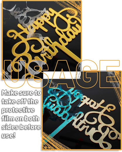 Happy Birthday Cake Toppers Gold, 18 Pcs Gold Happy Birthday Cake Topper, Acrylic Cake Decoration, Double-Sided Glitter of Birthday Cake Topper for Children or Adults (Word)