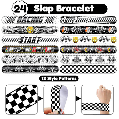 72PCS Checkered Flag Party Set - 48PCS Temporary Tattoos & 24PCS Slap Bracelets - Racing-Themed Birthday Supplies, Baby Shower Gifts, Classroom Rewards & Party Decor