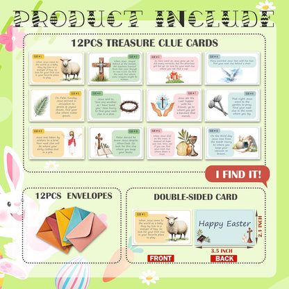 Easter Treasure Hunt Clue Game, Religious Games Jesus Scavenger Hunt Cards, Indoor Outdoor Christian Holiday Party Supplies, 12 Cards with Colorful Envelopes, 01