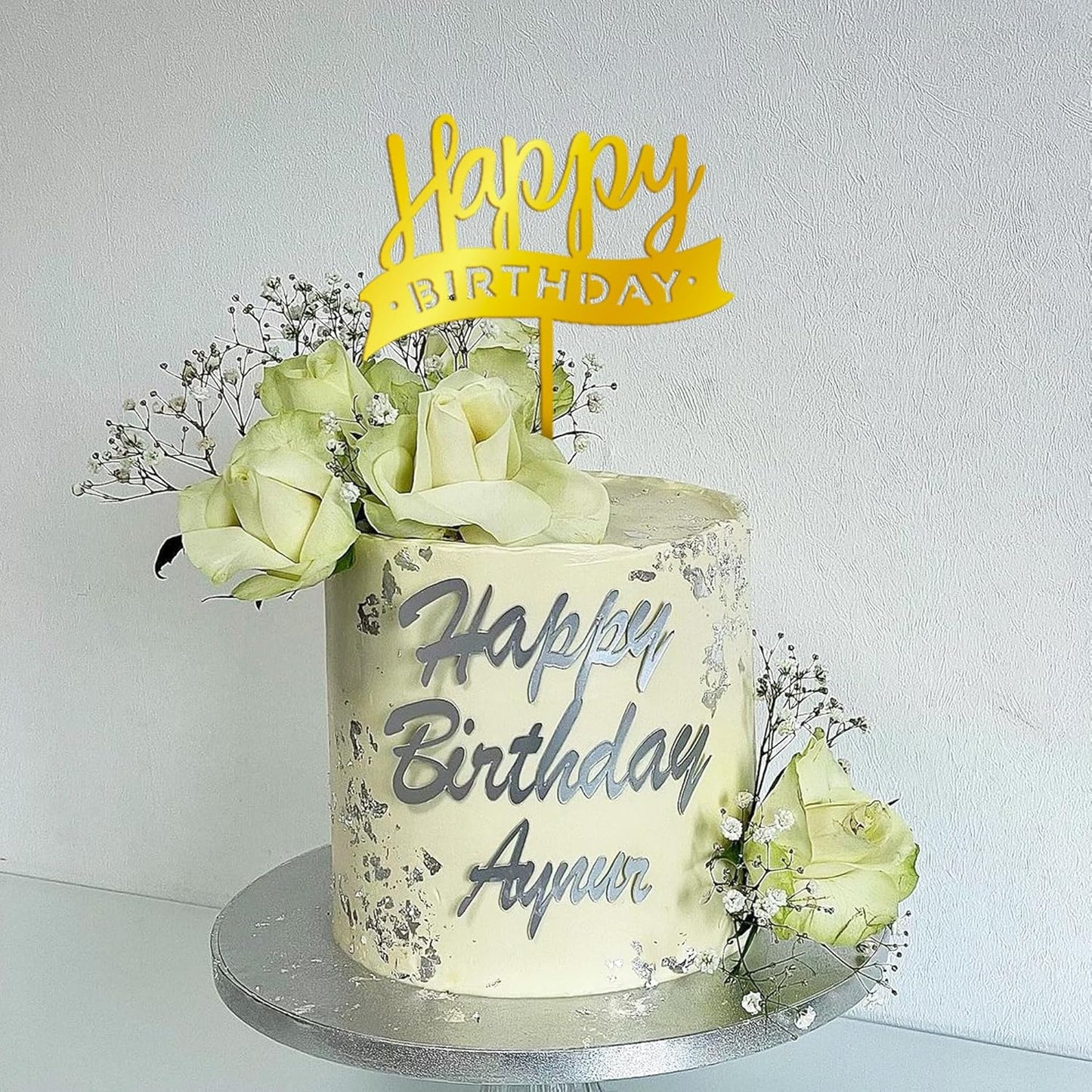 32 PCS Gold Happy Birthday Cake Toppers Flower Acrylic Birthday Cake Topper Cake Pick Decorations (Gold)