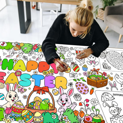Easter Coloring Poster for Kids 30x72 Inch Bunny Giant Coloring Tablecloth Happy Easter Crafts Paper Table Cover for Gifts Activities Games Classroom Wall School Home Parties