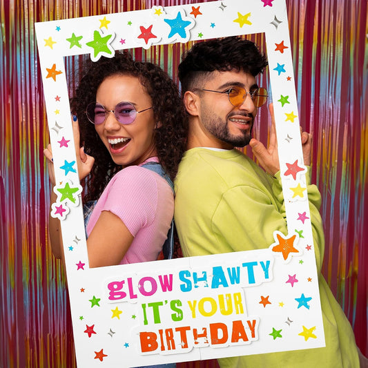 Cheerland Neon Glow Party Photo Booth Frame Birthday Decorations Shawty Stars Colorful Selfie Prop for Light Disco Themed Bday Suppiles and Favors 29x21 inches