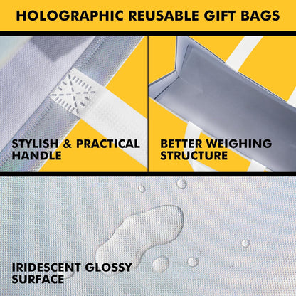 RACETOP 15 Pcs Iridescent Glossy Gift Bags Medium Size, 8x4x10 Inch Holographic Reusable Gift Bags with Handles, Ideal for Birthday, Wedding, Bachelorette, Party Favors, Holiday Goodie
