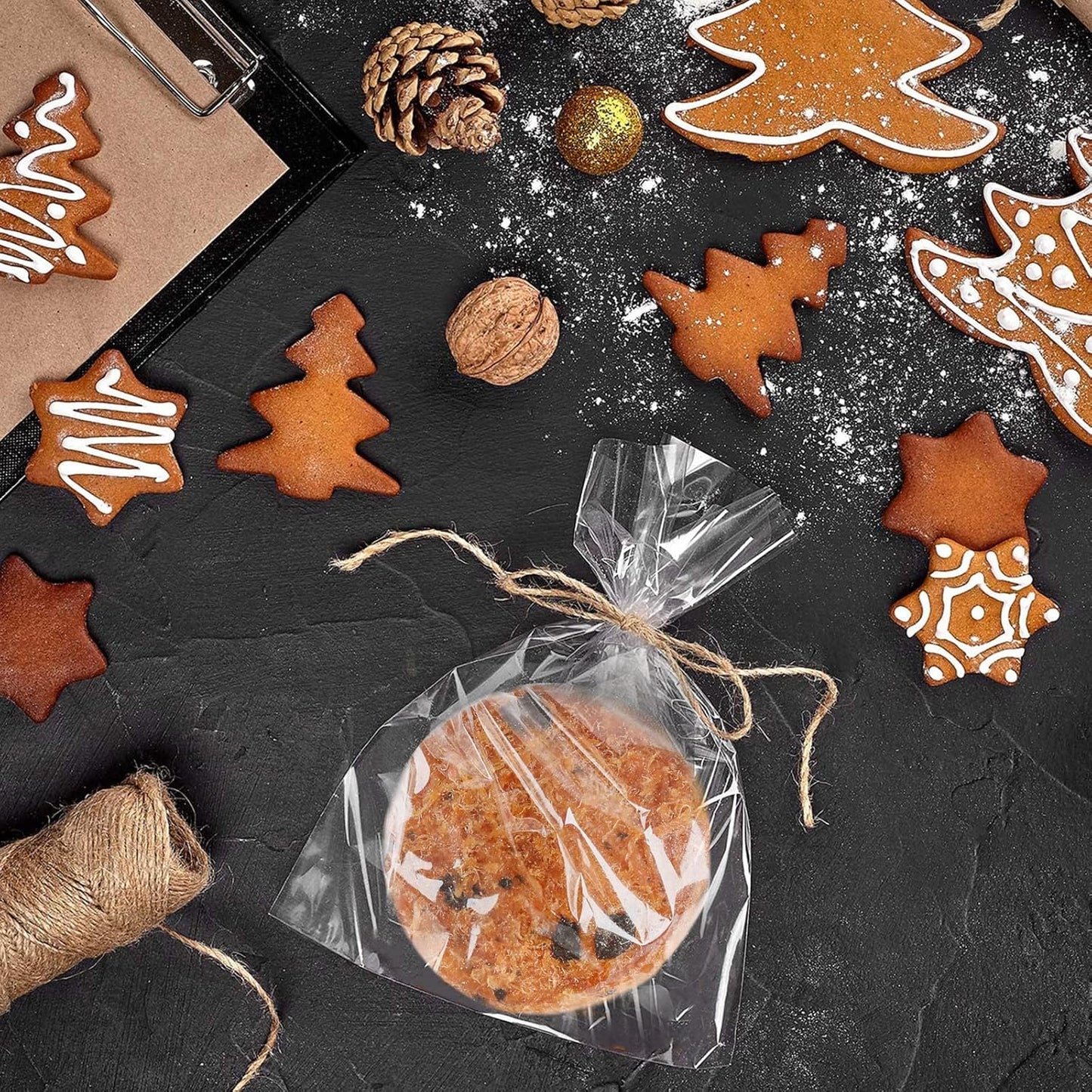 MoloTAR 100 Pcs 10 in x 6 in(1.4mil.) Clear Flat Cello Cellophane Treat Bags Good for Bakery, Cookies, Candies,Dessert with 5 random Twist Ties!