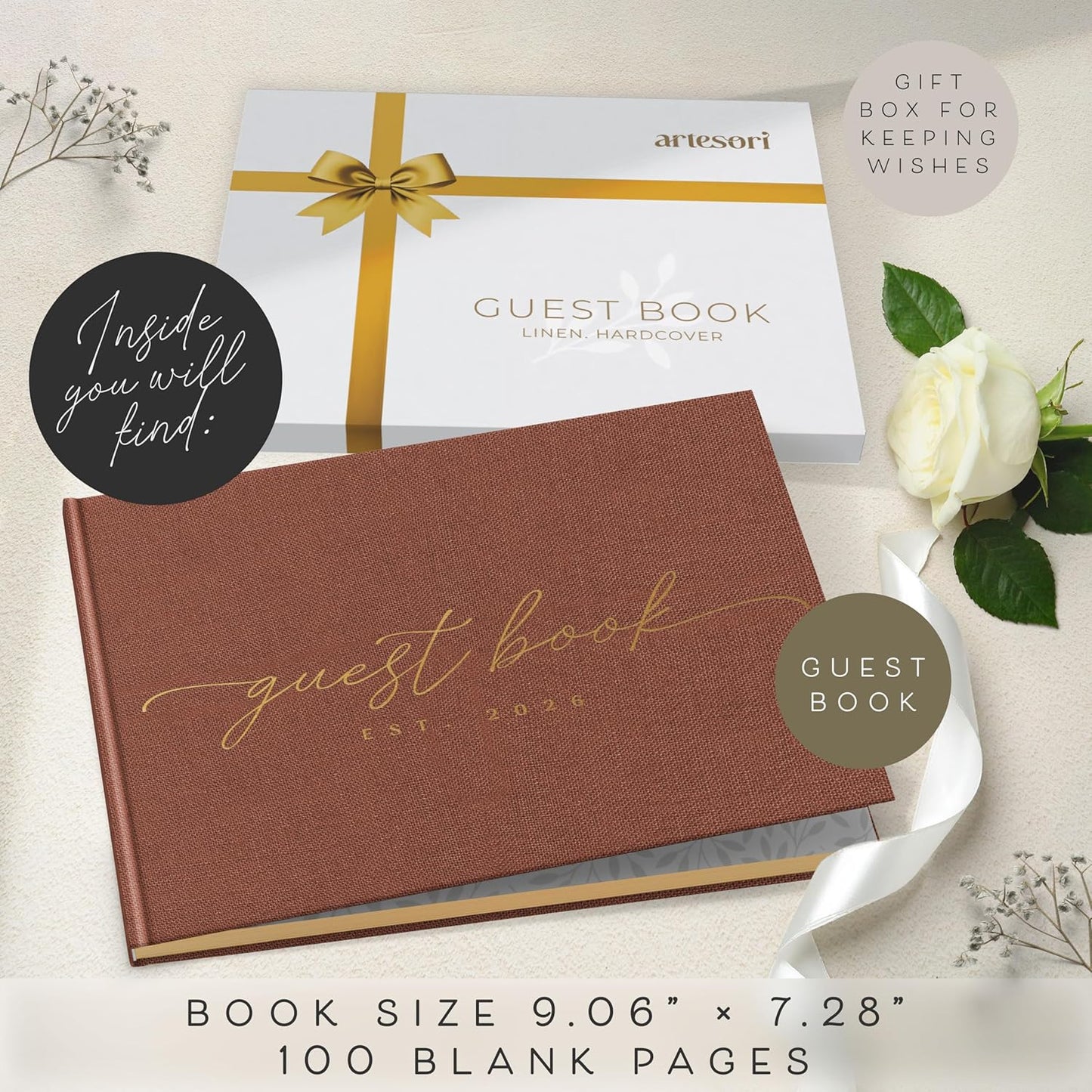 ARTESORI Wedding Guest Book for Reception — Gold-Foiled Guestbook to Sign in, Elegant Baby Shower Guest Book for Party & Birthday — Terracotta Photo & Polaroid Guest Book for Wedding & Bridal Shower
