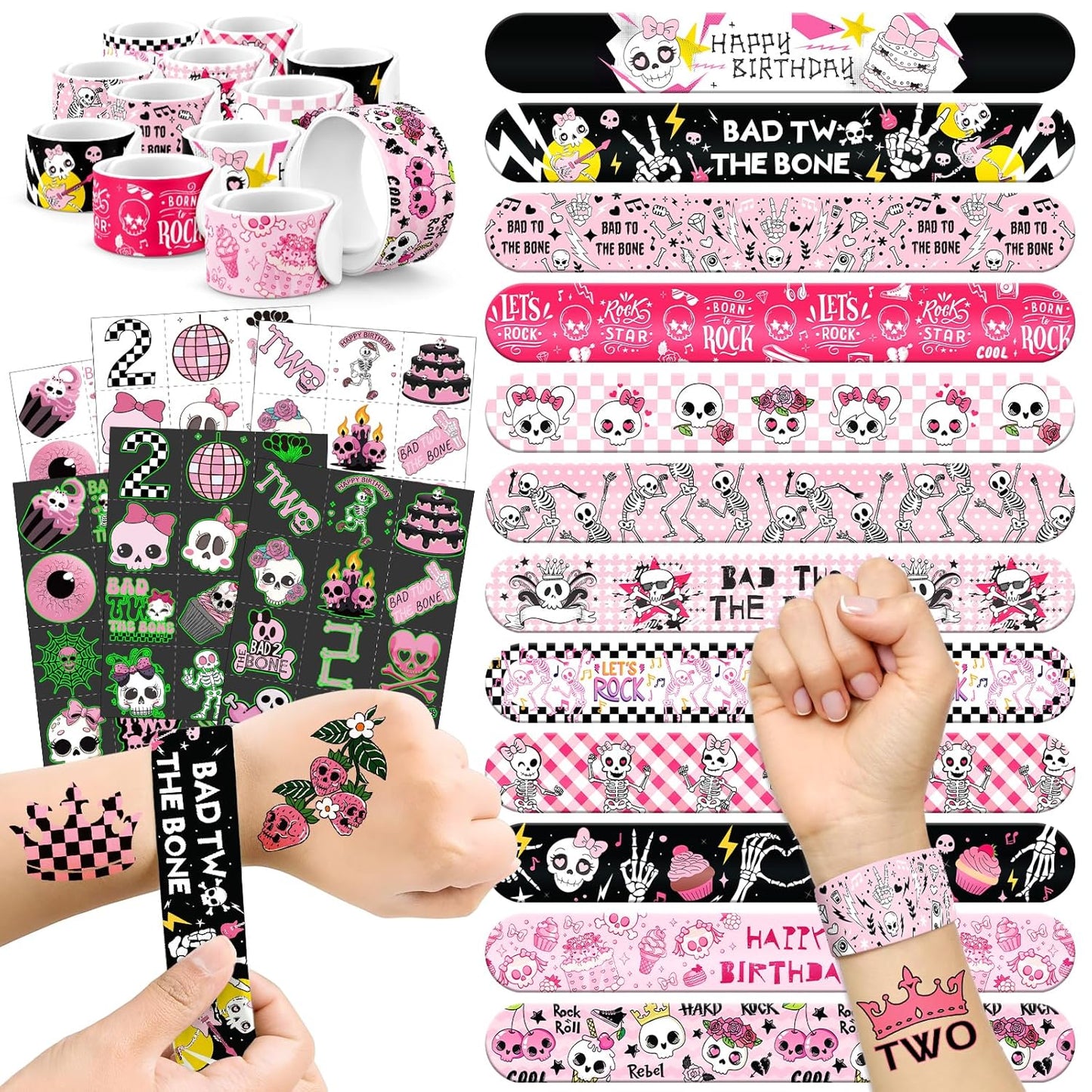 96 PCS Bad Two the Bone Party Favors Set – 72 Pre-Cut Temporary Tattoos & 24 Rock-Inspired Slap Bracelets for Kids, Perfect for Punk Birthday Parties & Classroom Rewards