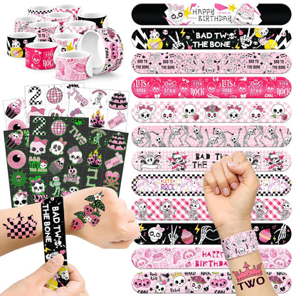 96 PCS Bad Two the Bone Party Favors Set – 72 Pre-Cut Temporary Tattoos & 24 Rock-Inspired Slap Bracelets for Kids, Perfect for Punk Birthday Parties & Classroom Rewards