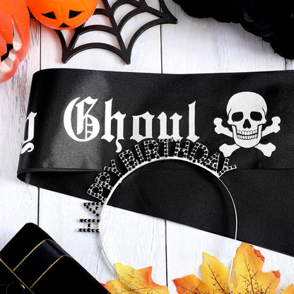 Zeyune 2 Pcs Goth Birthday Decorations Black Gothic Birthday Ghoul Sash with Headband for Girl Women Gothic Spooky Gifts Emo Horror Vampire Party Decorations(Silver,Skull)