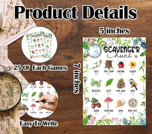 25 Pcs Nature Scavenger Hunt Cards, Outdoor Scavenger Hunts, Camping Scavenger Hunt Game Set, Outdoor Travel Seek Activity, Holiday Party Games for Family Friend, A01