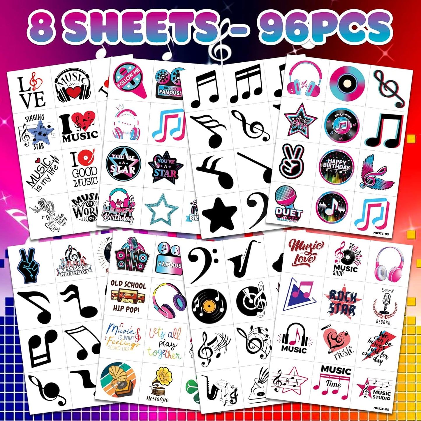 (96PCS) Music Note Notes Musical Motivational Pre-Cut Temporary Tattoos for Kids Birthday Themed Party Supplies Decorations Favors Super Cute Instrument Stickers Tattoo Gifts for Boys Girls Rewards