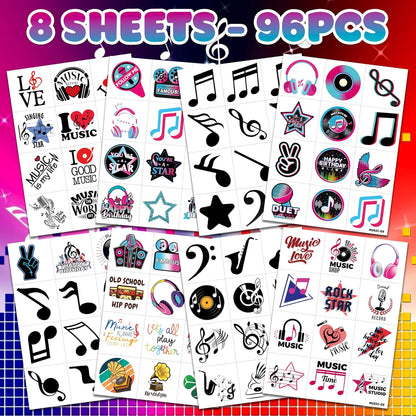 (96PCS) Music Note Notes Musical Motivational Pre-Cut Temporary Tattoos for Kids Birthday Themed Party Supplies Decorations Favors Super Cute Instrument Stickers Tattoo Gifts for Boys Girls Rewards