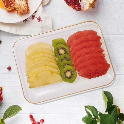 3 Pack Plastic Serving Trays for Party - Gold Serving Tray 8 x 11 Inch - Heavy Duty Dessert Trays for Food - Rectangular Party Serving Trays for Entertaining - Clear Cookie Platters