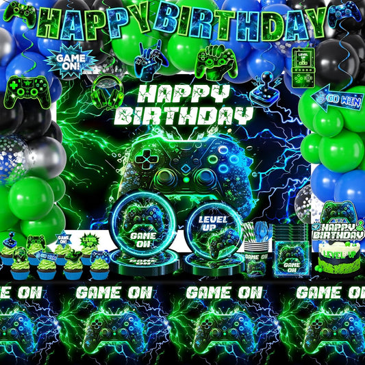 Video Game Birthday Decorations,260pcs Gaming Party Decorations Gamer Birthday Party Decorations Plates and Napkins Cups Tablecloth, Game Party Decorations for Boys Cake Topper Hanging Swirls