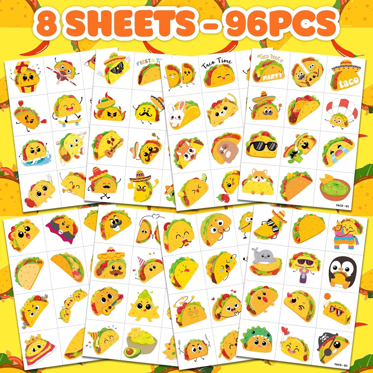 96 PCS Taco Mexican Fiesta Pre-Cut Temporary Tattoos for Kids | Cute Cinco de Mayo Themed Birthday Party Favors, Supplies, Decorations, Fake Tattoo Stickers, School Rewards Prizes & Gifts Boys Girls