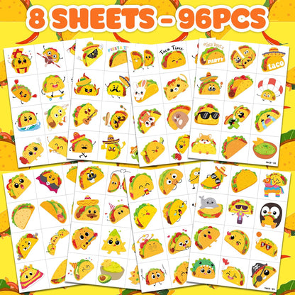 96 PCS Taco Mexican Fiesta Pre-Cut Temporary Tattoos for Kids | Cute Cinco de Mayo Themed Birthday Party Favors, Supplies, Decorations, Fake Tattoo Stickers, School Rewards Prizes & Gifts Boys Girls