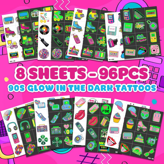 90s 80s Pre-cut Theme Temporary Tattoos for Kids & Adults - 96 PCS Retro Fake Tattoo Stickers for Birthday Party Favors, Carnival Rewards, School Supplies (8 Sheets)