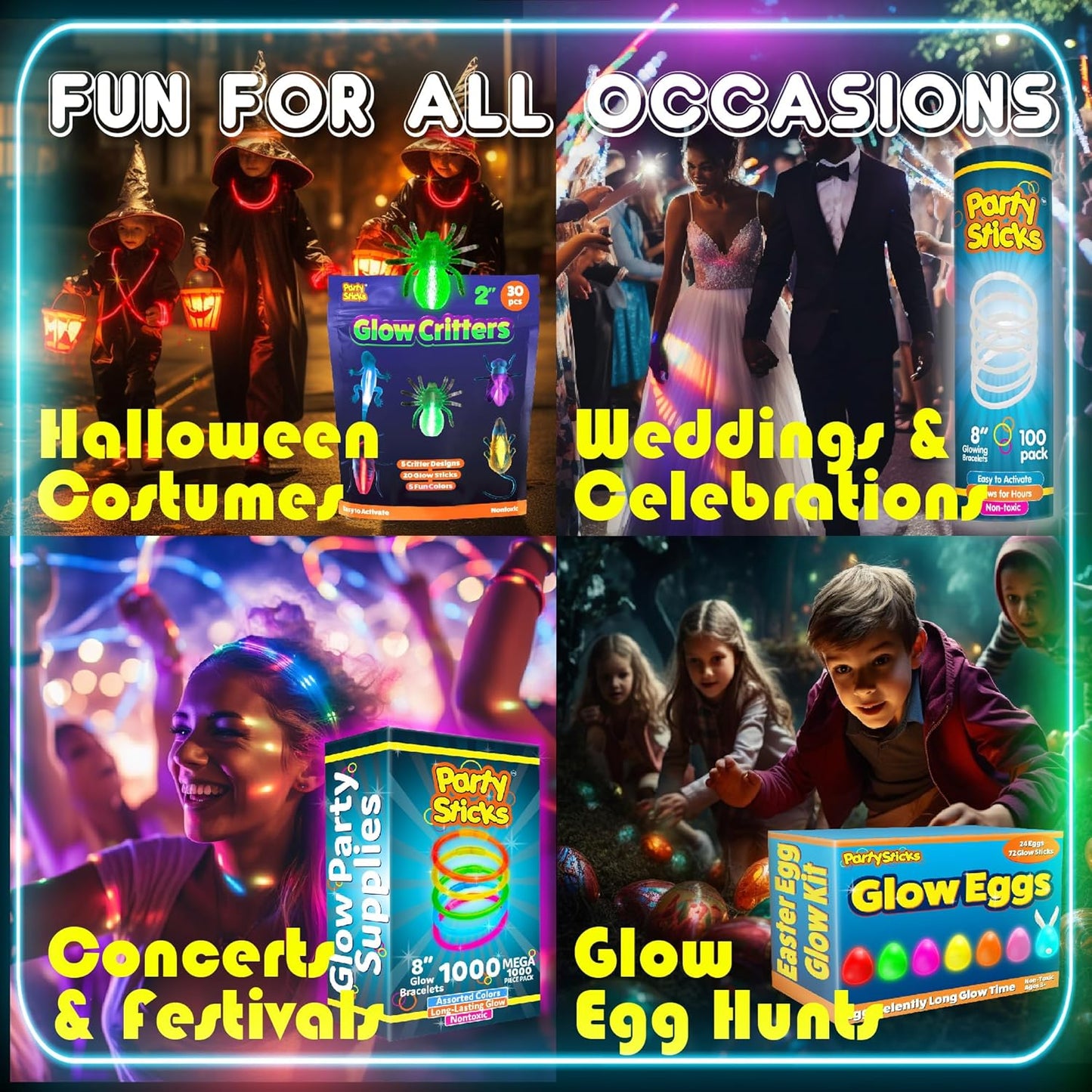 PartySticks Ultra Bright Bulk Party Supplies - Glow in The Dark Glow Sticks with Eye Glasses, Bracelets, and Connectors - Light Up Halloween 4th of July Party Favors
