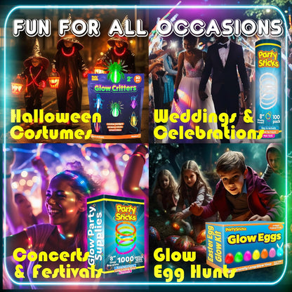 PartySticks Ultra Bright Bulk Party Supplies - Glow in The Dark Glow Sticks with Eye Glasses, Bracelets, and Connectors - Light Up Halloween 4th of July Party Favors