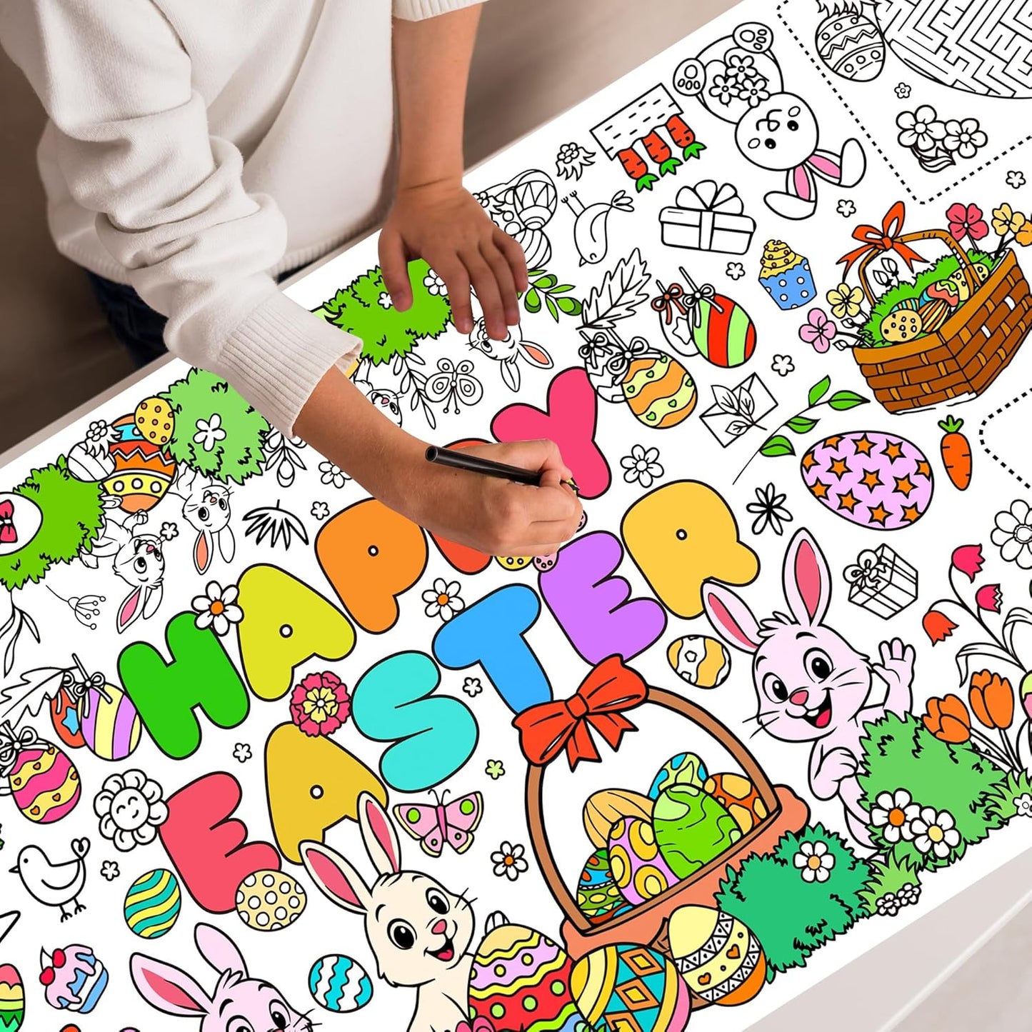 Easter Coloring Poster for Kids 30x72 Inch Bunny Giant Coloring Tablecloth Happy Easter Crafts Paper Table Cover for Gifts Activities Games Classroom Wall School Home Parties