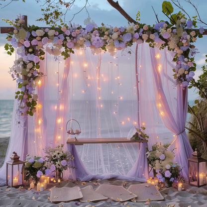 Fomcet Tulle Backdrop Curtains with Lights String White 10FT X 8FT Sheer Curtain with Lights Tulle Curtains Backdrop for Wedding Birthday Party Baby Shower Photo Shoot (2 Panels 5x8FT)