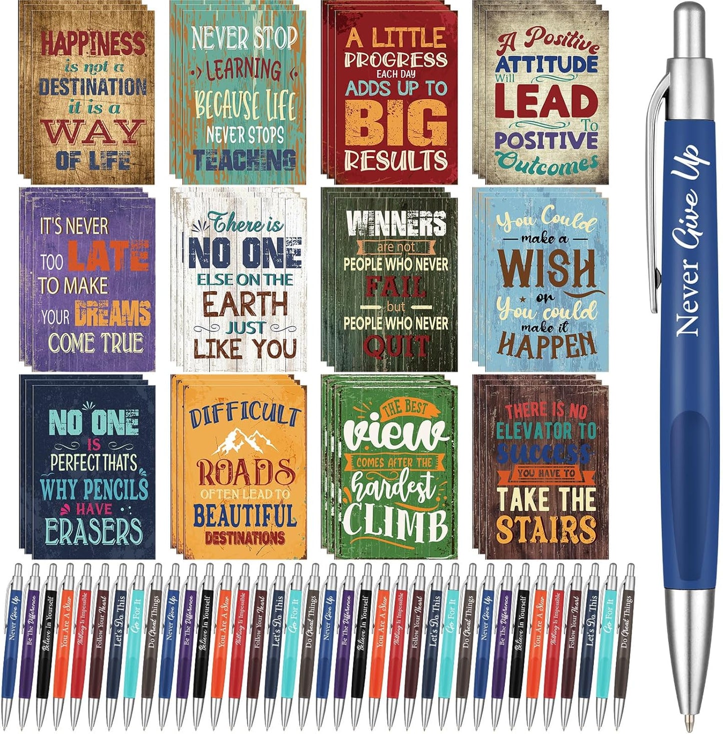 Yeaqee 72 Pcs Motivational Pens Notepads Gifts Set Inspirational Quote Ballpoint Pen Small Notebook Mini Journal Bulk Present Idea for Teacher Coworker Gifts Women Office School(Inspiring)