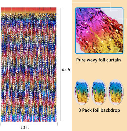3 Pack Colorful Foil Fringe Curtain Backdrop - 6.6 x 3.3 ft Wavy Rainbow Tinsel Backdrop Curtain Metallic Streamers Iridescent Holiday Photo Booth Party Decorations