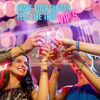 100 Pack Glitter Gold VIP Party Wristbands with Secure Locking Clip. Must Have Adjustable Sparkle VIP Wrist Bands for Events, Parties, Weddings and Festivals