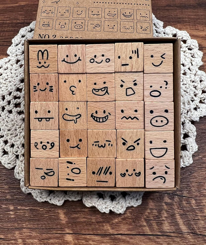 25pcs Mood Expression Wooden Rubber Stamps Kit, Cute Small Emoticon Theme Stamps for Decorative Diary Planner DIY Craft Scrapbook Card Making Letters Journal