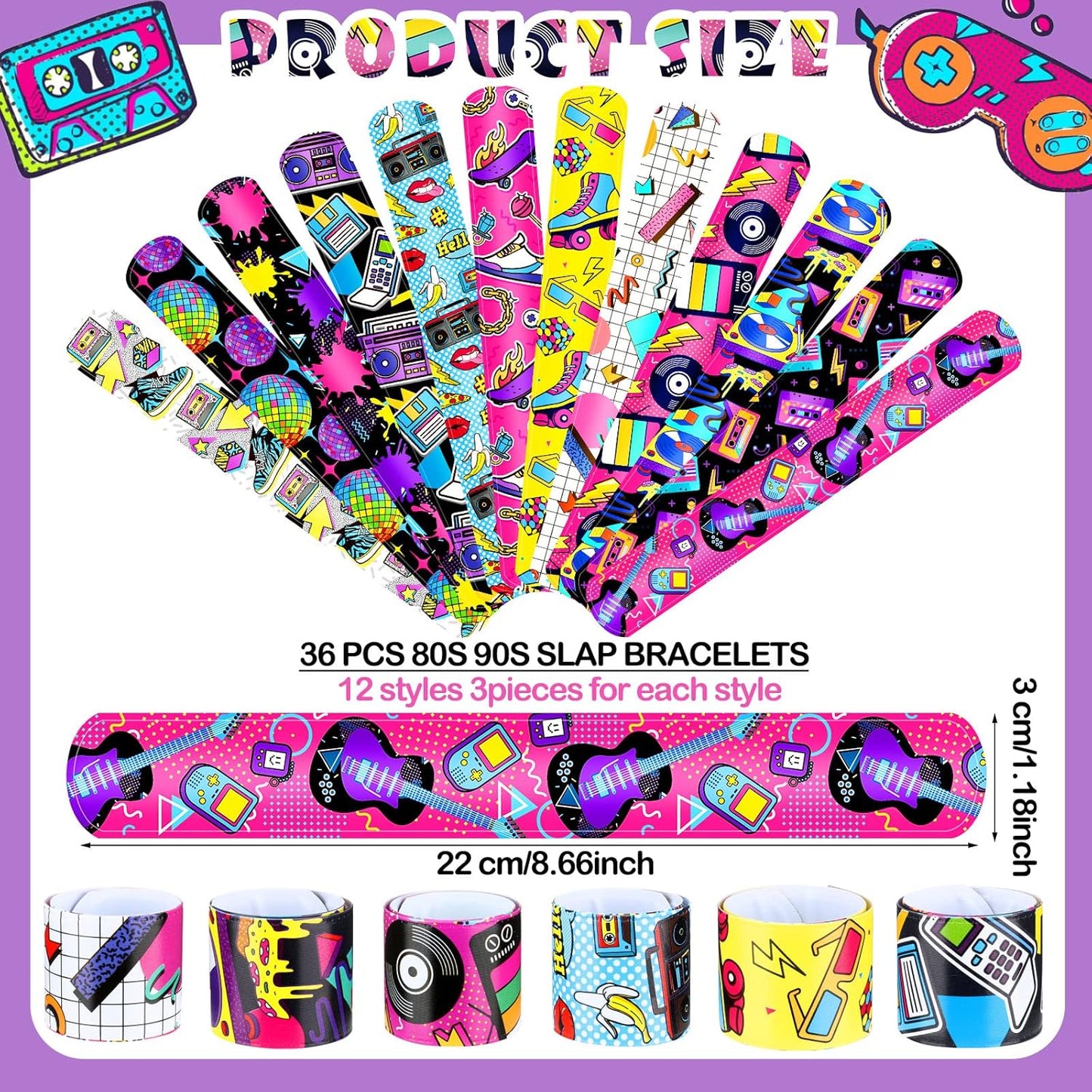 Sinmoe 86 Pcs 80s 90s Party Favors Slap Bracelets Bulk Back to 80s Throwback Theme Party Favors Snap Bracelets with Retro Stickers for Adults Decorations