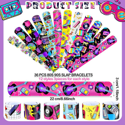 Sinmoe 86 Pcs 80s 90s Party Favors Slap Bracelets Bulk Back to 80s Throwback Theme Party Favors Snap Bracelets with Retro Stickers for Adults Decorations