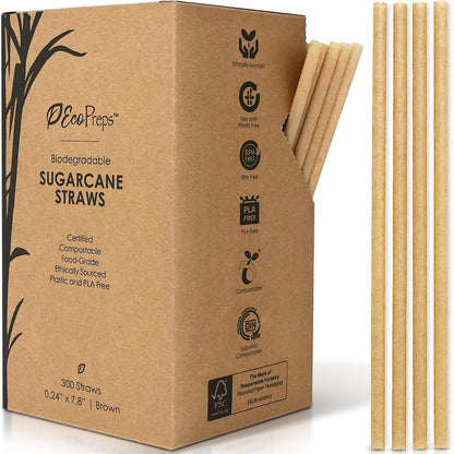 EcoPreps Biodegradable Sugarcane Straws | 150 Count, 100% Compostable, Plastic-Free, & Eco-Friendly Drinking Straw | 7.8'' Sugar Fiber Disposable Straws, Smoothie Straw for Home, Restaurant, Parties