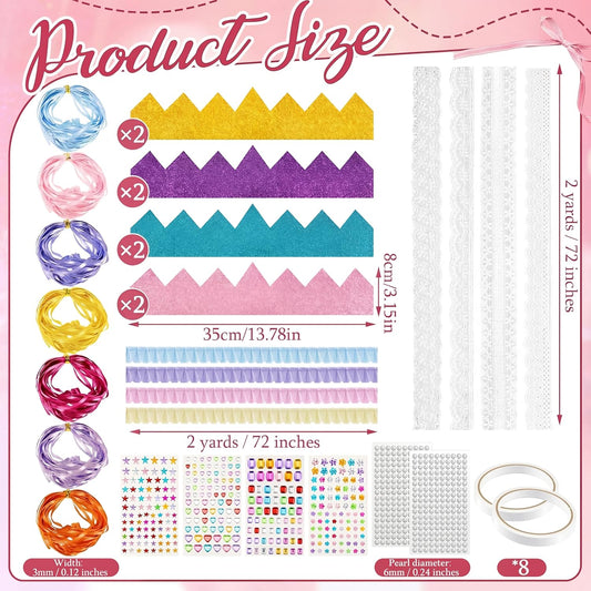 Dingion 8 Sets DIY EVA Princess Crowns with Cotton Lace Trim Satin Ruffle Ribbons Pearl and Jewel Stickers Macaron Color DIY Crown Set for Women Fancy Birthday Party and Craft Whimsical Decorations