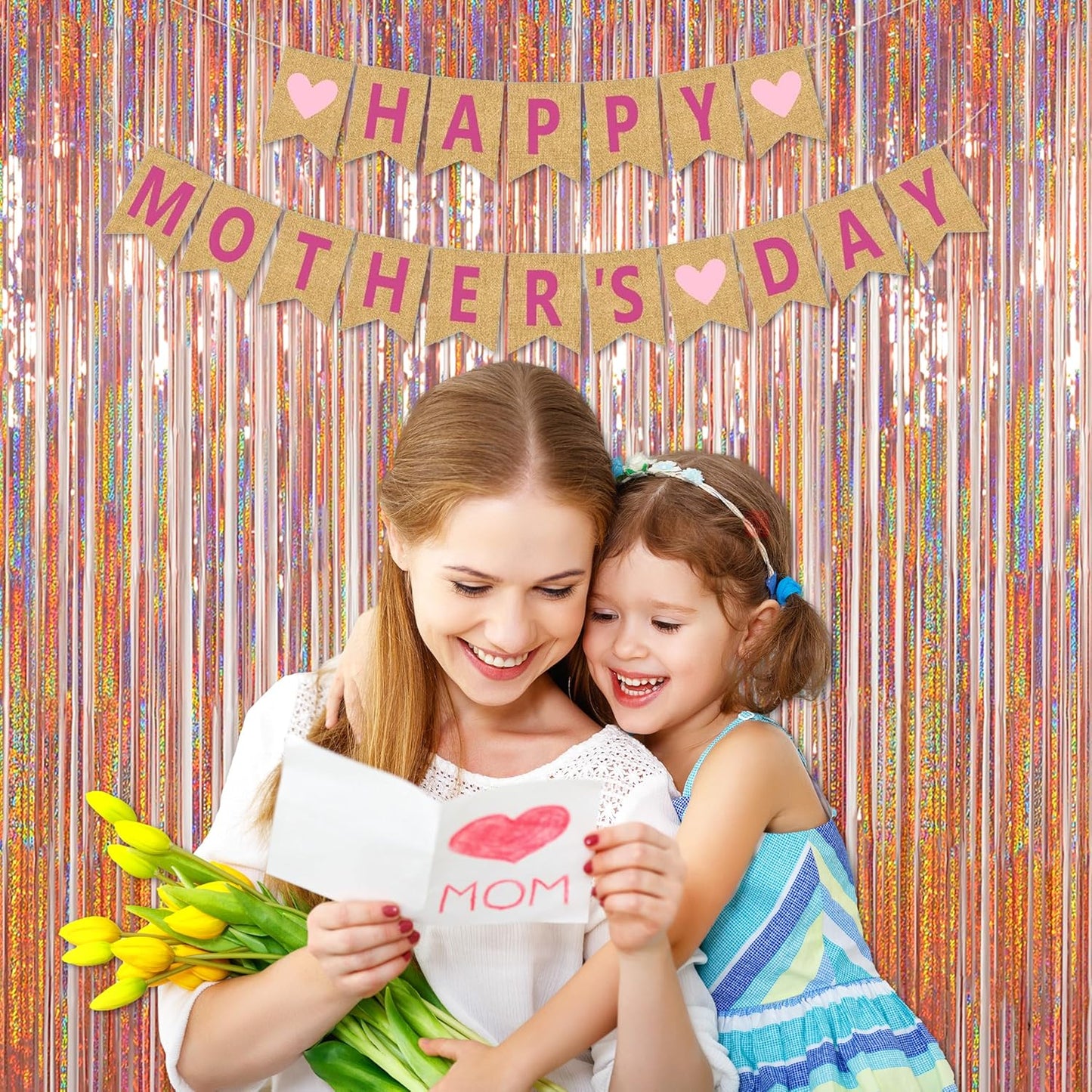 Happy Mothers Day Decorations Melsan 3 Pack 3.2 x 8.2 ft Pinkish Purple Tinsel Fringe Curtain Backdrop, Sparkling Metallic Party Decorations for Girls Birthday, Bachelorette, Wedding, Photo Booth