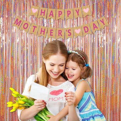 Happy Mothers Day Decorations Melsan 3 Pack 3.2 x 8.2 ft Pinkish Purple Tinsel Fringe Curtain Backdrop, Sparkling Metallic Party Decorations for Girls Birthday, Bachelorette, Wedding, Photo Booth