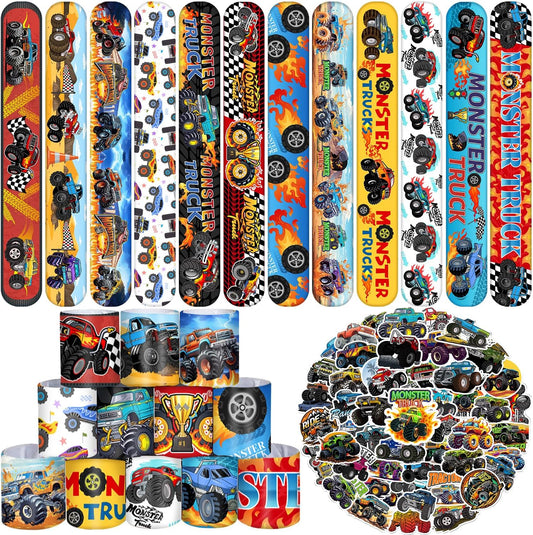 Monster Truck Party Favors - 24 Pcs Slap Bracelets, 50 Pcs Stickers, Birthday Party Decorations & Gifts for Kids